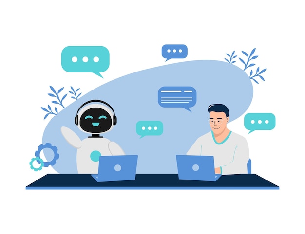Illustrazione con un robot e un ragazzo che comunicano in un chatbot Illustrazione con un chatbot AI