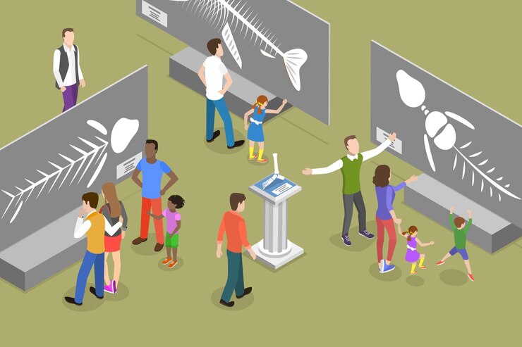 Vettore illustrazione concettuale 3d a vettore piatto isometrico del museo di paleontologia