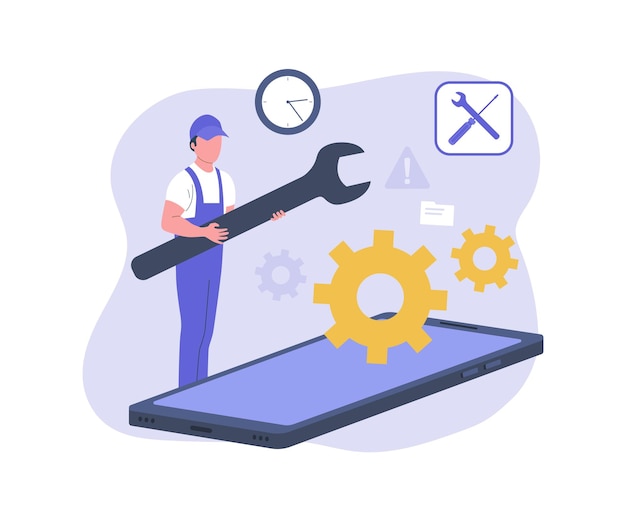 Illustrazione concettuale del servizio di riparazione di smartphone Illustrazione vettoriale