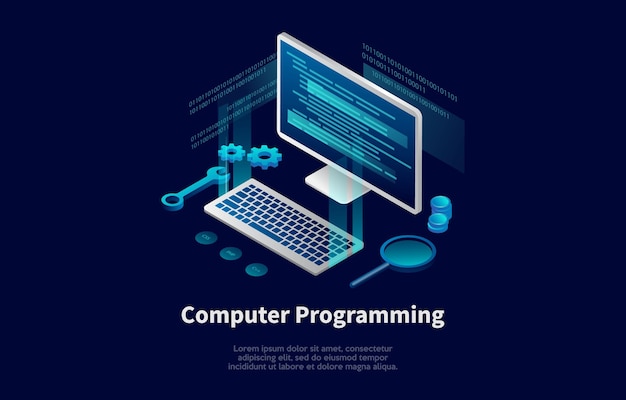 Illustrazione concettuale di programmazione di computer nello stile del fumetto 3D.