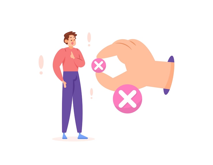 Vettore illustrazione concettuale di un dipendente o di un lavoratore maschio respinto a causa di risultati di lavoro errati