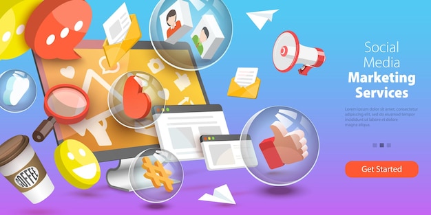 Illustrazione concettuale vettoriale 3D dei servizi di marketing sui social media