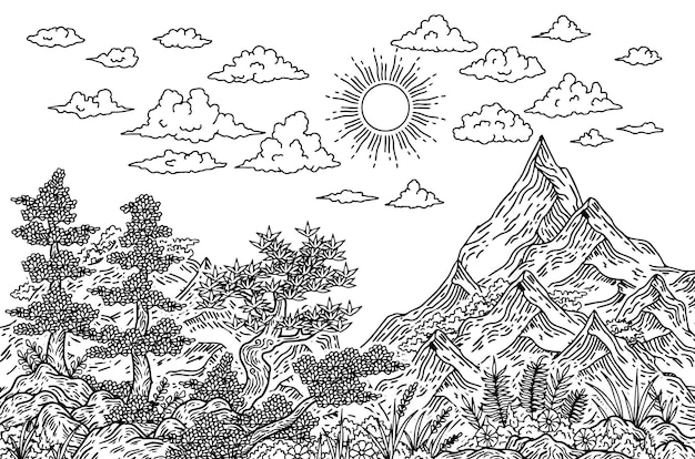 Illustrazione Contorno Paesaggio Natura di montagna Pagina da colorare