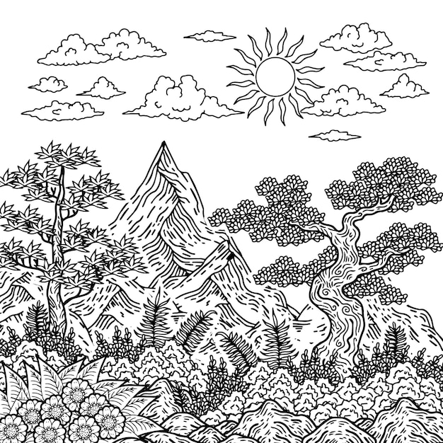 Illustrazione Contorno Paesaggio naturale Pagina da colorare