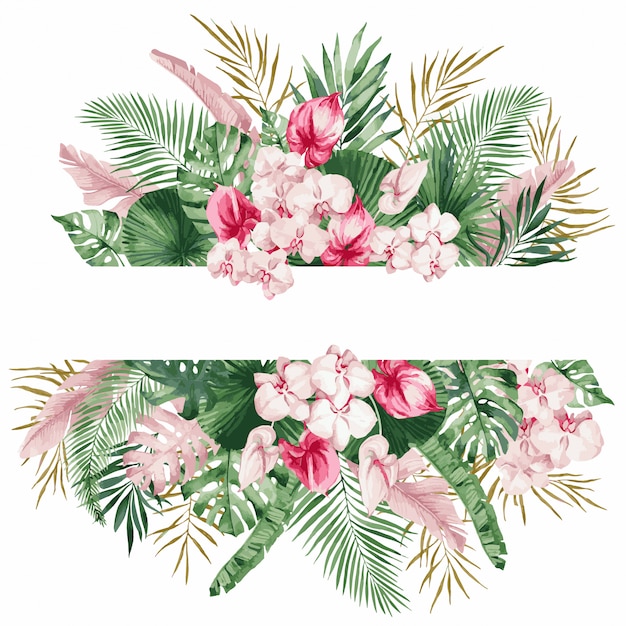 illustrazione, cornice dell'acquerello con foglie e fiori tropicali, orchidea bianca, monstera e foglie di palma, modello per invito a nozze.