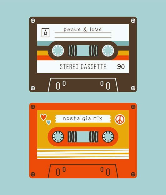 Illustrazione creativa con due cassette stereo con musica retrò. Amore per retrò, analogico, vintage.