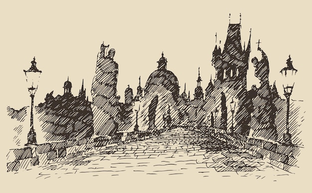 Illustrazione d'epoca incisa del Ponte Carlo (Praga, Repubblica Ceca).