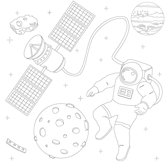 Illustrazione da colorare per bambini Astronauta spaziale galleggiante