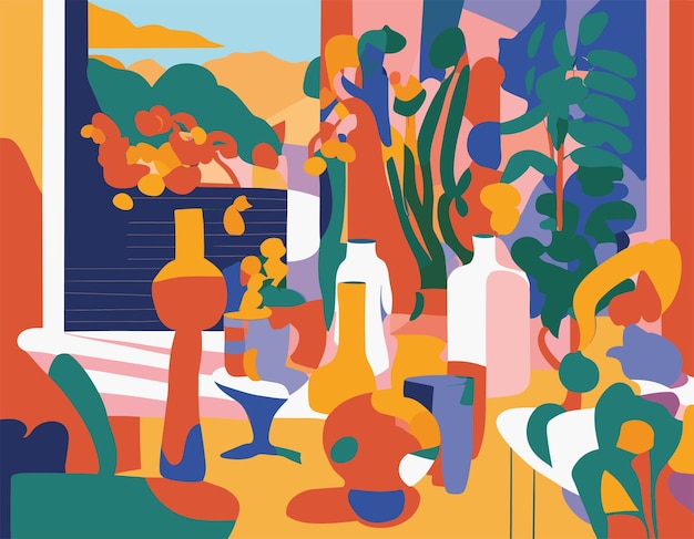 Illustrazione dal design piatto ispirata alle opere d'arte ritagliate di Matisse