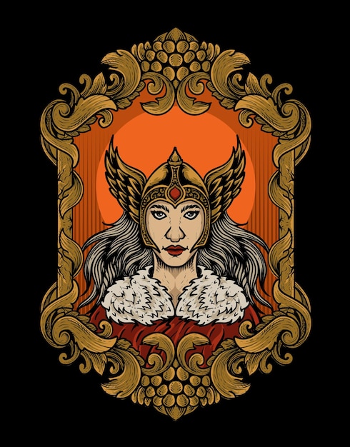 Illustrazione dea valchiria con cornice ornamentale