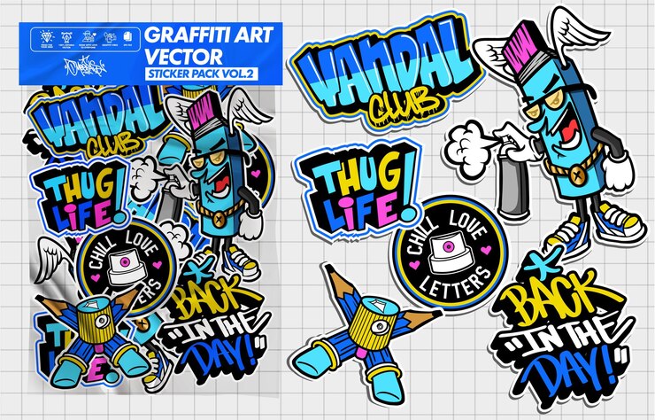Vettore illustrazione degli adesivi vettoriali graffiti art set di design vettoriali per pacchetti di adesivi in colori vivaci