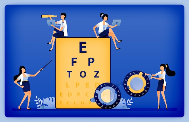 illustrazione degli optometristi utilizzano Snellen e telai di prova per misurare il disturbo della miopia dei pazienti
