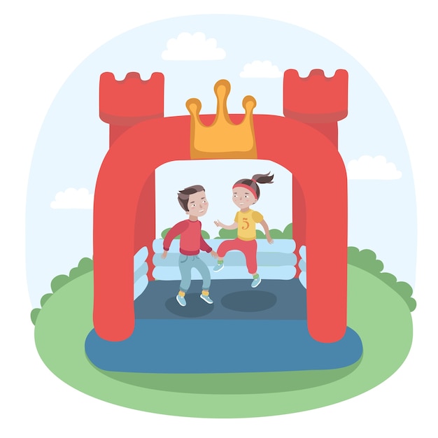 illustrazione dei bambini che saltano nel castello gonfiabile colorato del trampolino dei buttafuori di piccola aria sul prato