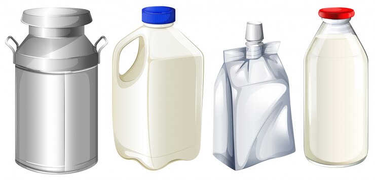 Vettore illustrazione dei diversi contenitori di latte su uno sfondo bianco