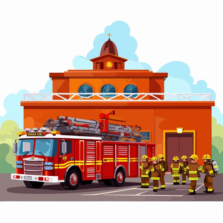Vettore illustrazione dei vigili del fuoco e della stazione dei vigile del fuoco