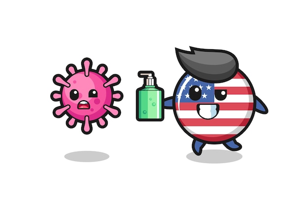 Illustrazione del carattere distintivo della bandiera degli Stati Uniti che insegue il virus malvagio con disinfettante per le mani, design in stile carino per maglietta, adesivo, elemento logo