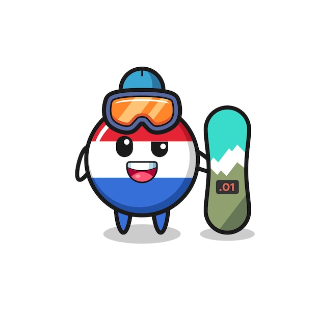 Illustrazione del carattere distintivo della bandiera dei Paesi Bassi con stile snowboard, design in stile carino per maglietta, adesivo, elemento logo