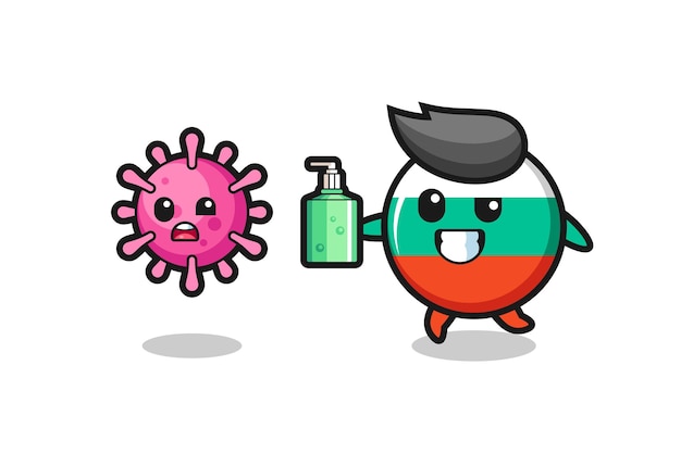 Illustrazione del carattere distintivo della bandiera della bulgaria che insegue il virus malvagio con disinfettante per le mani