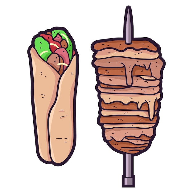 Illustrazione del cartone animato vettoriale Shawarma e spiedino isolato su sfondo bianco