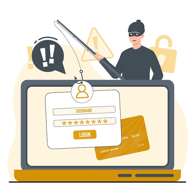 Illustrazione del concetto di account di phishing Criminalità informatica Attacco di hacker di password Rubare dati personali