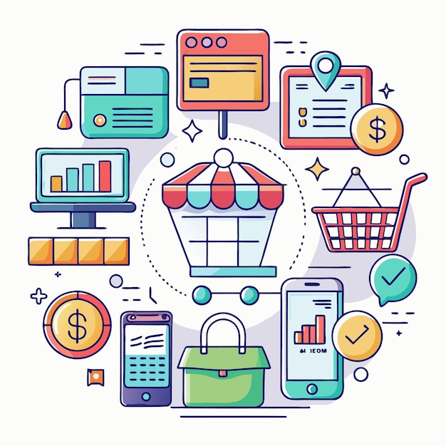 Illustrazione del concetto di acquisto online con denaro per carrello e telefono