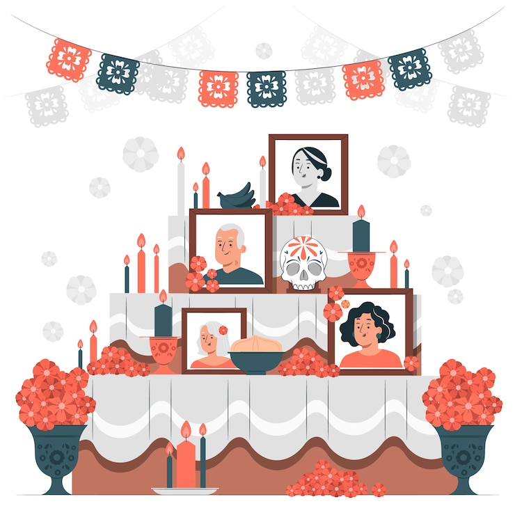 Vettore illustrazione del concetto di altare del dia de muertos