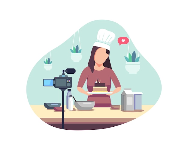 Illustrazione del concetto di blogger di cucina alimentare. Giovane donna che fa un tutorial sulla cottura della torta e lo registra per il suo vlog. Illustrazione vettoriale in uno stile piatto
