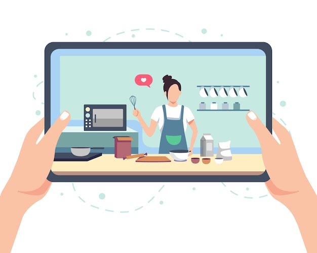 Illustrazione del concetto di cottura degli alimenti. Cucinando in live streaming, il tablet Hands hold con blogger prepara il pasto online. Vettore in uno stile piatto