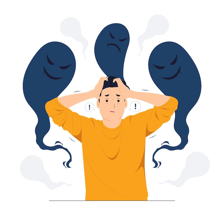 Vettore illustrazione del concetto di disturbo mentale da stress post traumatico della schizofrenia