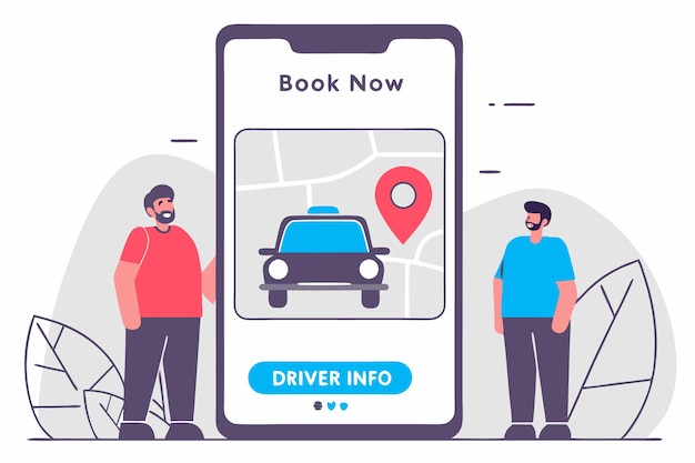 Illustrazione del concetto di prenotazione online di auto-taxi su sfondo bianco