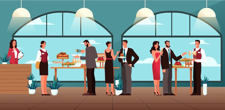 Vettore illustrazione del concetto di ristorazione. idea del servizio di ristorazione in hotel. evento in ristorante, banchetto o festa. banner web di servizio di catering. illustrazione