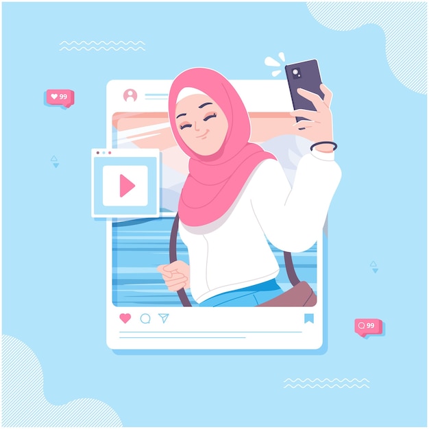 illustrazione del concetto di social media della giovane ragazza islamica hijab