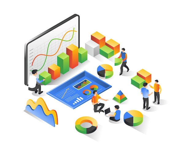Illustrazione del concetto isometrico Formazione sull'analisi dei dati e sulle attività di investimento