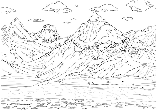 Illustrazione del contorno dell'habitat delle montagne disegnata a mano da un vettore