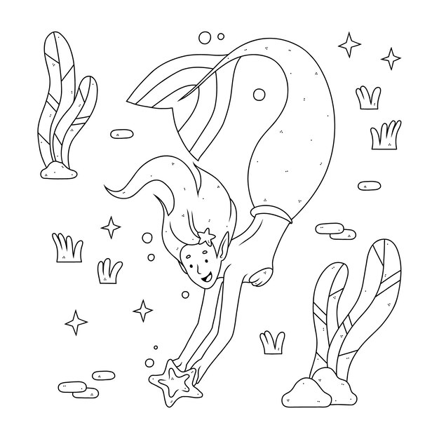 Illustrazione del contorno di una sirena disegnata a mano