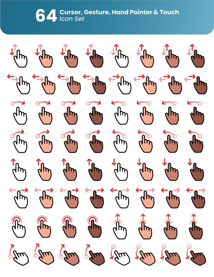 Vettore illustrazione del design piatto del cursore del mouse e del set di gesti della mano sul touch screen