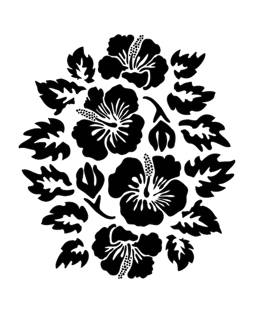 Illustrazione del disegno della siluetta del tatuaggio dei fiori esotici tropicali neri dell'ibisco. Stencil hawaiano