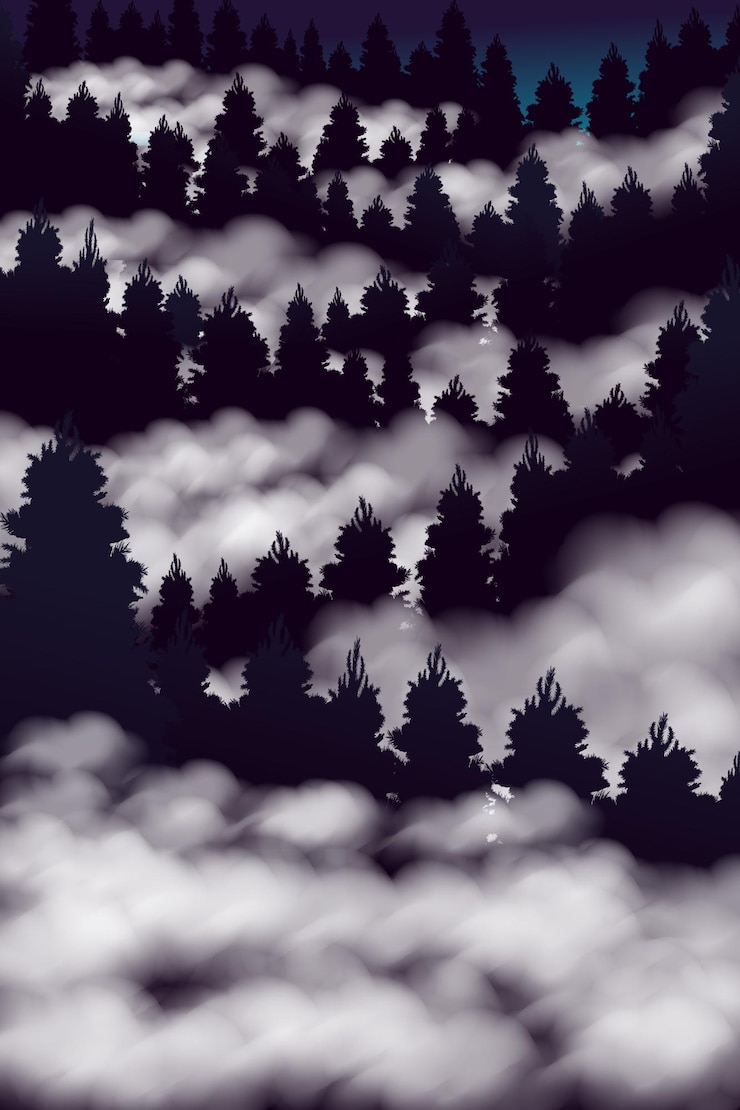 Vettore illustrazione del disegno vettoriale foresta cupa nella nebbia