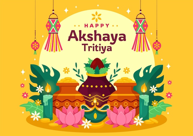 Illustrazione del festival di Akshaya Tritiya con un Kalash d'oro e monete d'oro per la celebrazione di Dhanteras