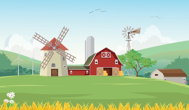 illustrazione del fienile di campagna campagna con mulino a vento