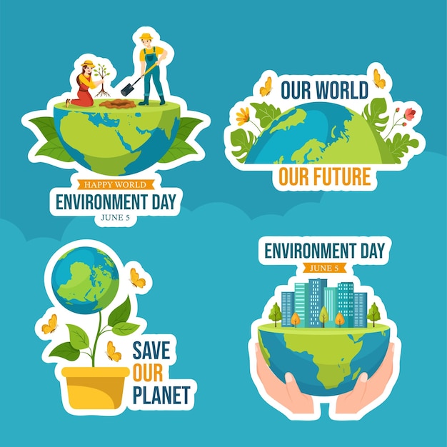 Illustrazione del fondo dei modelli disegnati a mano del fumetto piatto dell'etichetta di giornata mondiale dell'ambiente