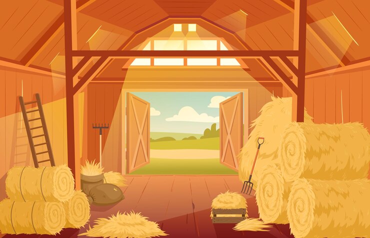 Vettore illustrazione del fondo di vettore della stanza del capannone di fieno essiccato rurale dell'interno del fienile di legno del pagliaio del villaggio
