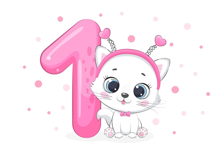 Vettore illustrazione del fumetto buon compleanno 1 anno carino gattino illustrazione vettoriale