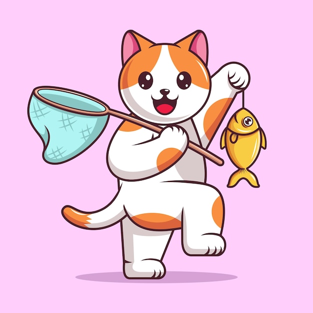 Illustrazione del fumetto del simpatico gatto con rete da pesca che tiene un pesce.