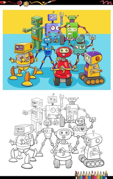 Illustrazione del fumetto della pagina del libro da colorare del gruppo di personaggi comici di robot divertenti