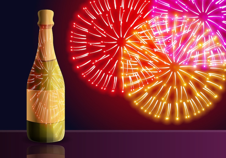 Vettore illustrazione del fumetto di fuochi d'artificio di champagne