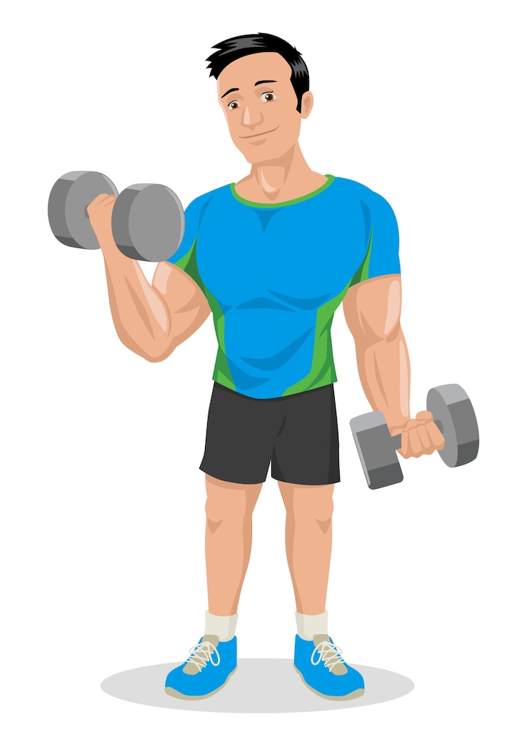 Vettore illustrazione del fumetto di una figura maschio muscolare che si esercita con i dumbbells