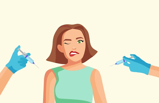 Illustrazione del fumetto vettoriale della vaccinazione contro il virus La ragazza ha paura dell'iniezione