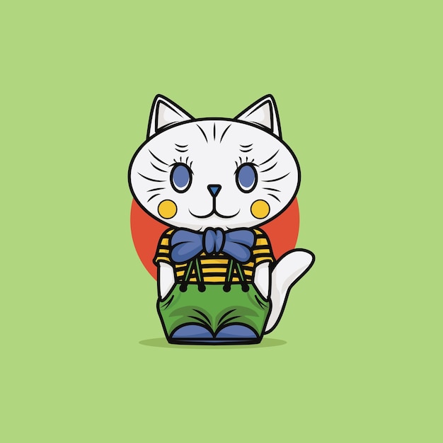 Illustrazione del gatto carino con i vestiti e il concetto di icona del nastro in stile cartone animato piatto