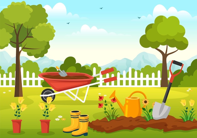 Illustrazione del giardiniere con attrezzi da giardino e agricoltura nel modello disegnato a mano di giardinaggio estivo botanico